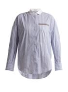 Matchesfashion.com Brunello Cucinelli - Embellished Pocket Striped Cotton Blend Shirt - Womens - Blue Multi
