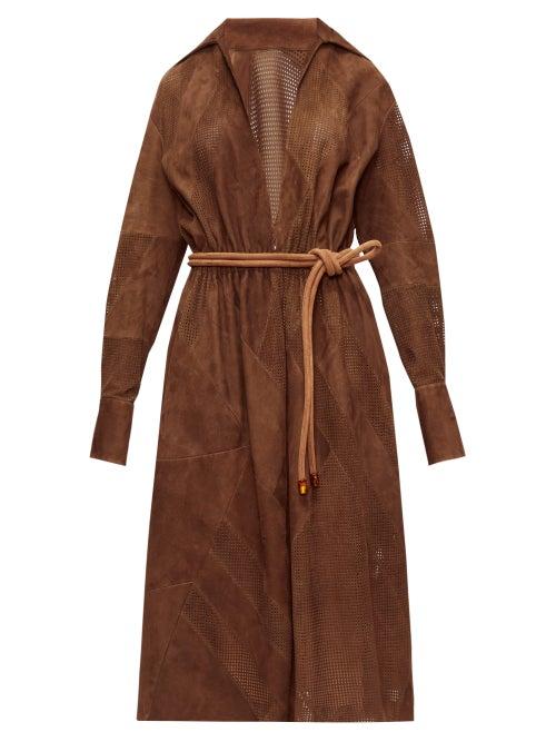 Matchesfashion.com Fendi - Belted Perforated-suede Dress - Womens - Brown