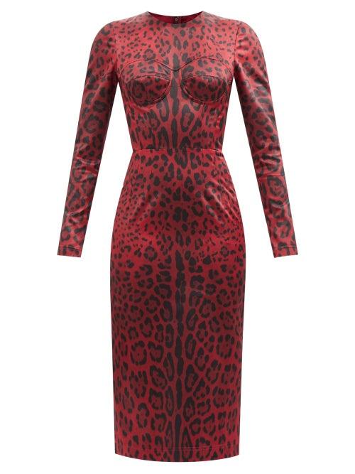 Dolce & Gabbana - Leopard-print Satin Midi Dress - Womens - Red
