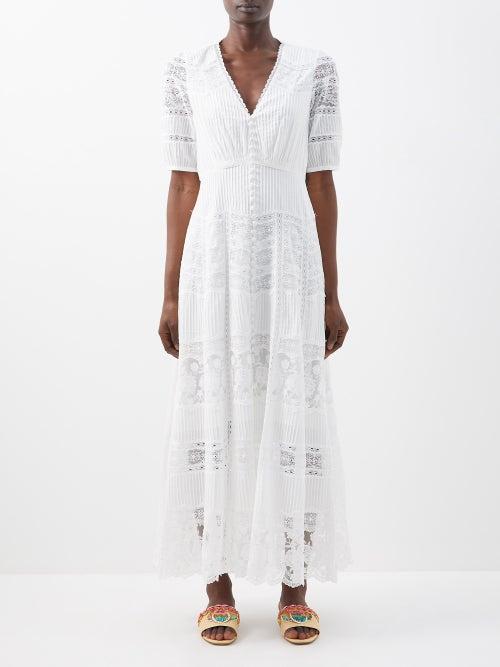 Saloni - Lea Pintuck Lace-insert Cotton Midi Dress - Womens - Ivory