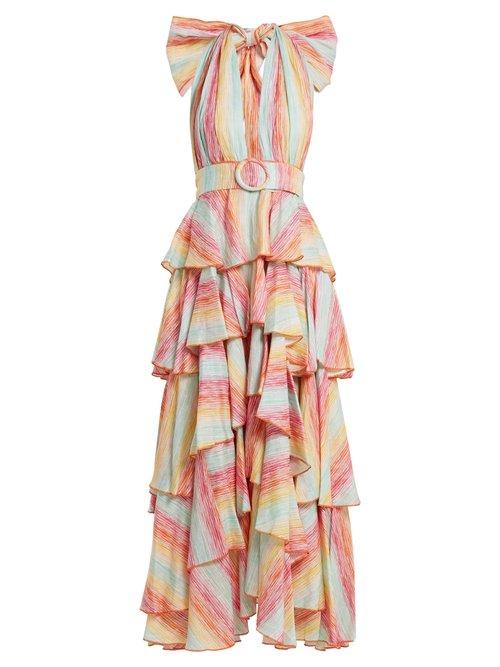 Matchesfashion.com Gl Hrgel - Striped Halterneck Tiered Linen Dress - Womens - Multi Stripe