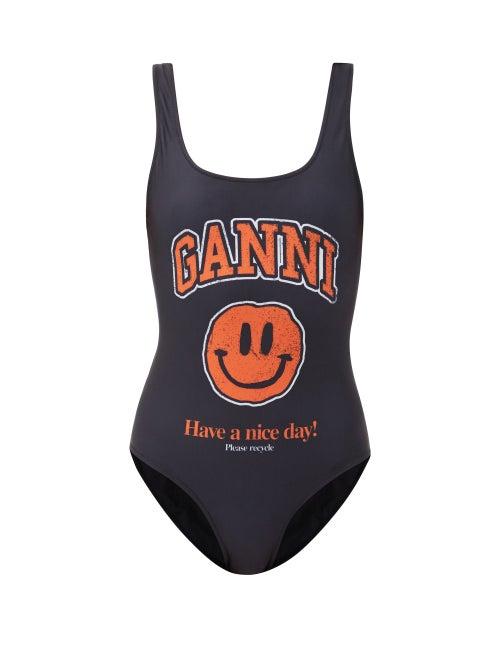 Matchesfashion.com Ganni - Smiling Face-print Recycled-fibre Swimsuit - Womens - Black Print