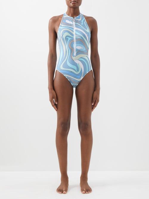 Pucci - Marmo-print Zip-up Swimsuit - Womens - Blue Print