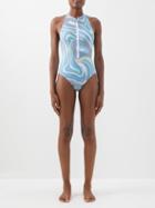 Pucci - Marmo-print Zip-up Swimsuit - Womens - Blue Print
