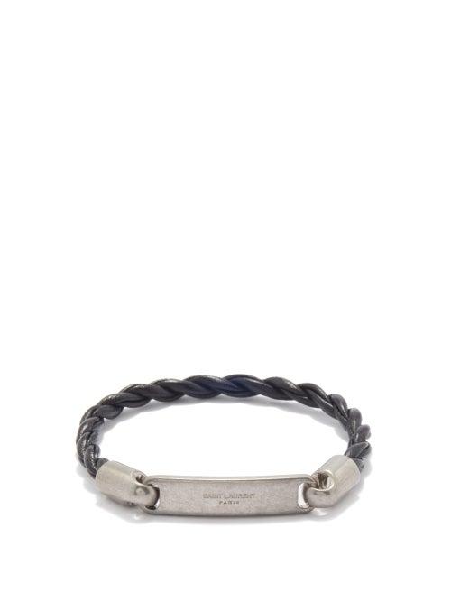 Saint Laurent - Logo Plaque & Twisted Leather Bracelet - Mens - Black