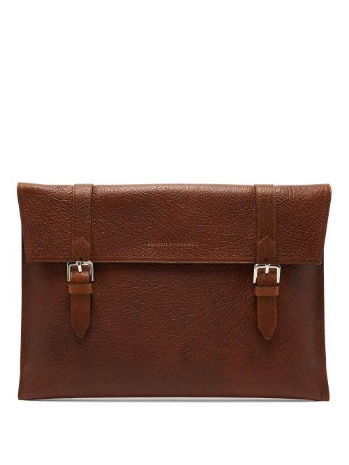 Matchesfashion.com Brunello Cucinelli - Logo Embossed Grained Leather Pouch - Mens - Brown