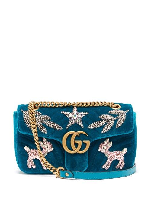 Matchesfashion.com Gucci - Gg Marmont Embellished Velvet Cross Body Bag - Womens - Green Multi