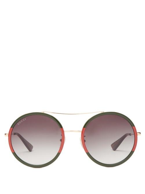 Matchesfashion.com Gucci - Round Web Stripe-acetate And Metal Sunglasses - Womens - Green Gold