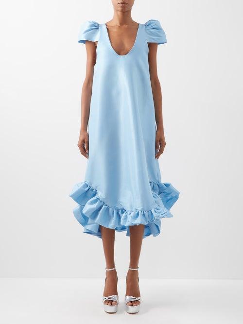 Kika Vargas - Iris Ruffle-hem Silk-blend Taffeta Midi Dress - Womens - Light Blue