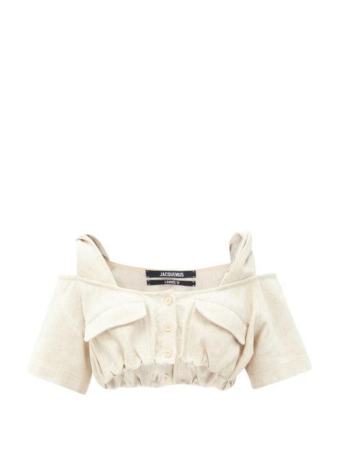 Matchesfashion.com Jacquemus - Alzou Twisted-strap Buttoned Canvas Cropped Top - Womens - Light Beige