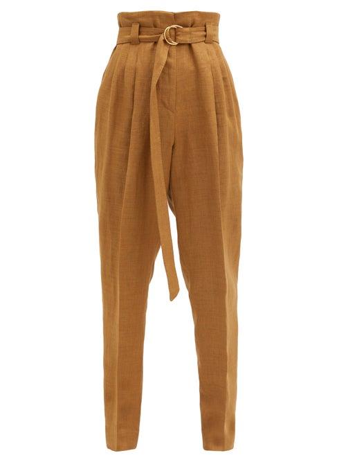Matchesfashion.com Another Tomorrow - Paperbag-waist Pleated Linen-blend Trousers - Womens - Brown