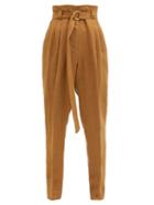 Matchesfashion.com Another Tomorrow - Paperbag-waist Pleated Linen-blend Trousers - Womens - Brown