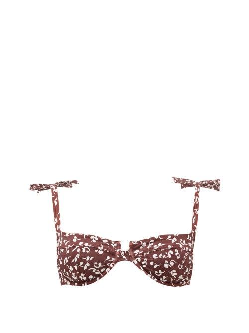 Matchesfashion.com Ganni - Tie-strap Graphic-print Underwired Bikini Top - Womens - Brown Print