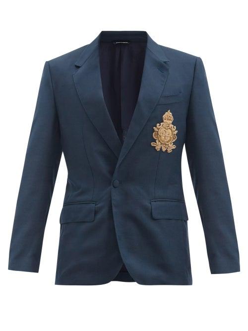 Matchesfashion.com Dolce & Gabbana - Dg-appliqu Single-breasted Wool-blend Blazer - Mens - Dark Blue