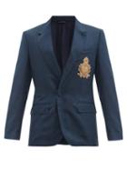 Matchesfashion.com Dolce & Gabbana - Dg-appliqu Single-breasted Wool-blend Blazer - Mens - Dark Blue