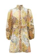 Matchesfashion.com Zimmermann - Brightside Belted Patchwork-print Linen Mini Dress - Womens - Yellow Multi