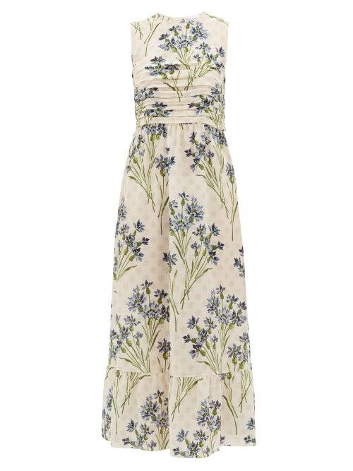 Matchesfashion.com Redvalentino - Pleated Cornflower-print Silk-crepe Dress - Womens - Cream Multi
