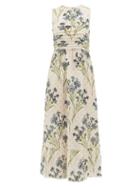 Matchesfashion.com Redvalentino - Pleated Cornflower-print Silk-crepe Dress - Womens - Cream Multi