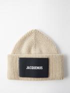 Jacquemus - Logo-patch Ribbed Wool-blend Beanie Hat - Mens - Beige