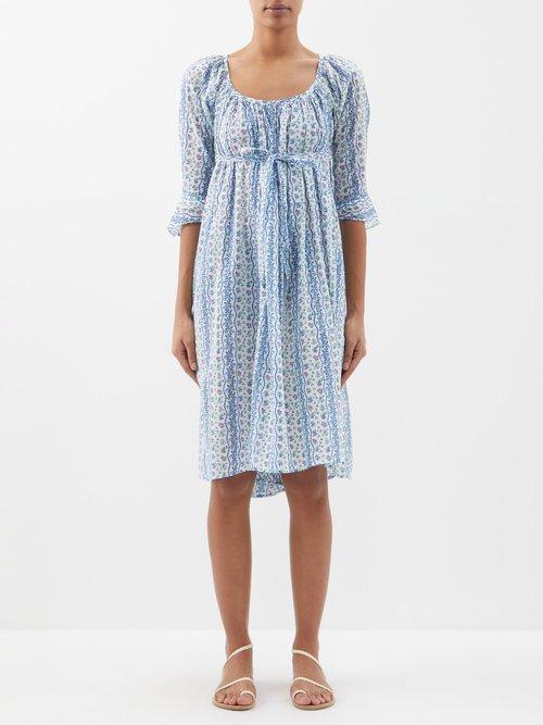Thierry Colson - Antoinette Floral-print Cotton Dress - Womens - Green Blue