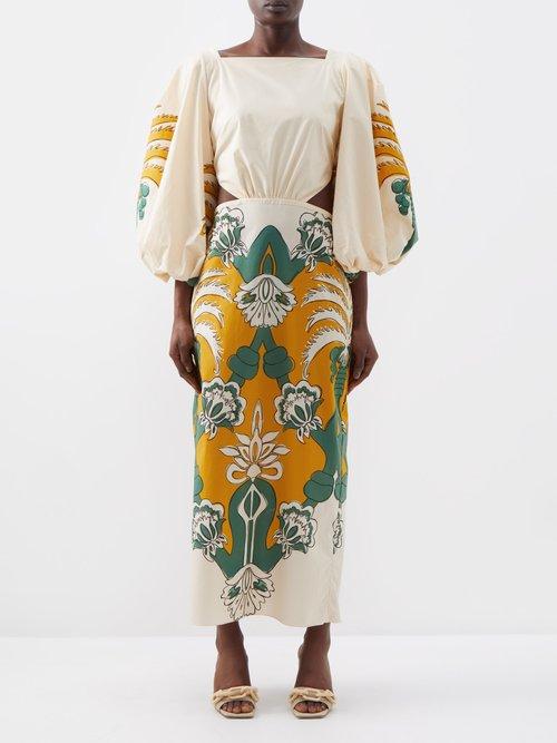 Johanna Ortiz - The Lotus Jewel Organic-cotton Midi Dress - Womens - White Yellow Multi