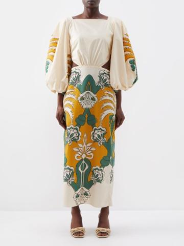 Johanna Ortiz - The Lotus Jewel Organic-cotton Midi Dress - Womens - White Yellow Multi