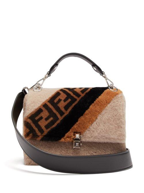 Matchesfashion.com Fendi - Kan I Logo Print Shearling Shoulder Bag - Womens - Grey Multi