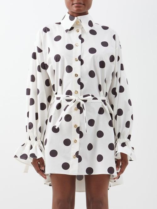 Halpern - Polka-dot Print Cotton Mini Shirt Dress - Womens - White Black