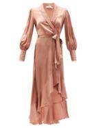 Matchesfashion.com Zimmermann - Bishop-sleeve Silk Wrap Midi Dress - Womens - Light Pink