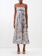 Zimmermann - Vitali-print Bandeau-neck Linen Dress - Womens - Blue Multi