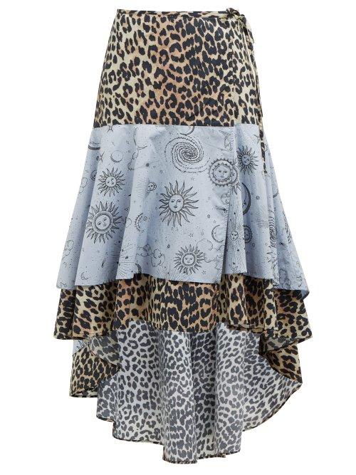 Matchesfashion.com Ganni - Leopard And Moon Print High Low Hem Cotton Skirt - Womens - Blue Multi