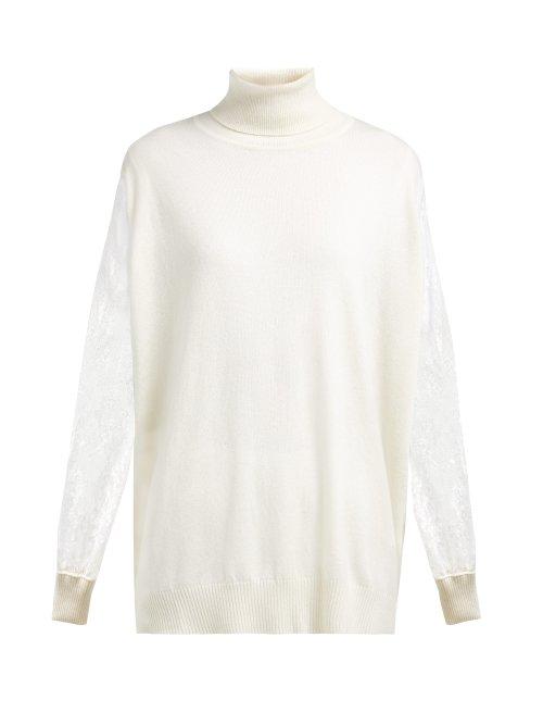 Matchesfashion.com Ryan Roche - Lace Sleeve Roll Neck Cashmere Sweater - Womens - White