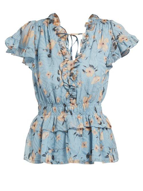 Matchesfashion.com Rebecca Taylor - Floral Print Ruffled Silk Blend Blouse - Womens - Light Blue