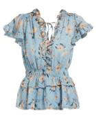 Matchesfashion.com Rebecca Taylor - Floral Print Ruffled Silk Blend Blouse - Womens - Light Blue