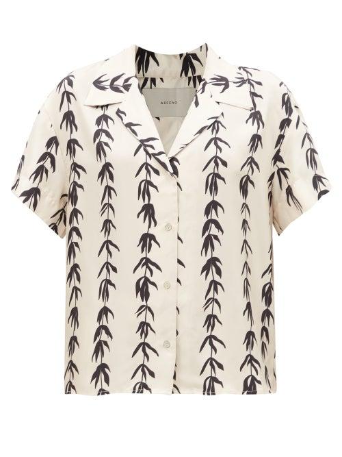 Asceno - Prague Foliage-print Silk-twill Shirt - Womens - White Black