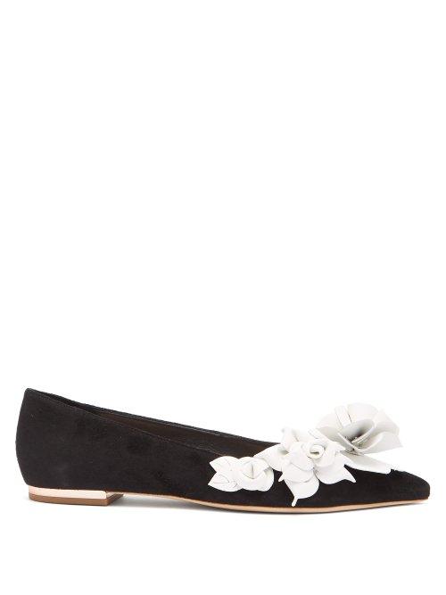 Matchesfashion.com Sophia Webster - Jumbo Lilico Floral Appliqu Suede Flats - Womens - Black White