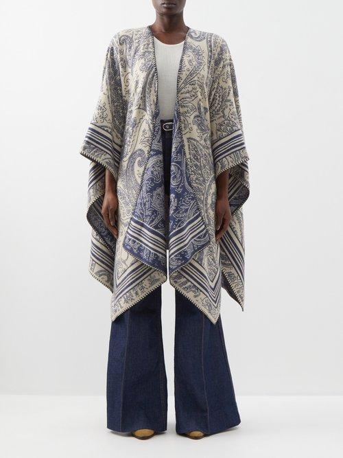 Etro - Mantella Paisley-print Wool-blend Shawl - Womens - Blue Cream