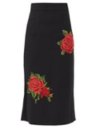 Matchesfashion.com Dolce & Gabbana - High-rise Rose Cross-stitch Flared Pencil Skirt - Womens - Black