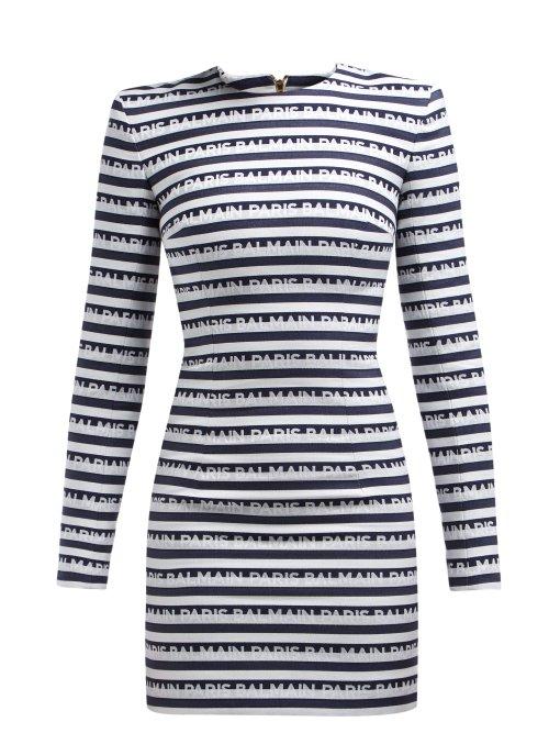 Matchesfashion.com Balmain - Logo Jacquard Cotton Mini Dress - Womens - Navy White