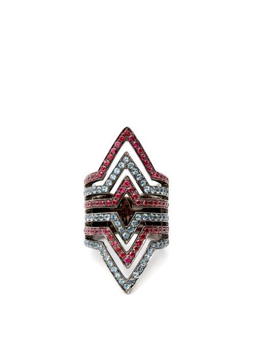 Matchesfashion.com Lynn Ban - Double Vice Sapphire & Topaz Rhodium Plated Ring - Womens - Red
