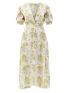 Matchesfashion.com D'ascoli - Kati V-neck Floral-print Silk-crepe Midi Dress - Womens - Yellow Multi