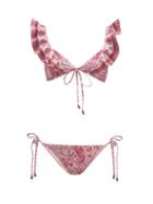 Matchesfashion.com Zimmermann - Amari Ruffled Tie Front Bikini - Womens - Pink