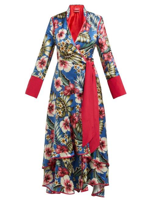Matchesfashion.com F.r.s - For Restless Sleepers - Hydros Floral Print Satin Wrap Dress - Womens - Blue Multi