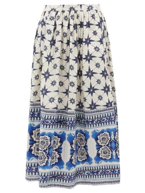 Matchesfashion.com Le Sirenuse, Positano - Jane Star-print Cotton-poplin Skirt - Womens - Blue Print