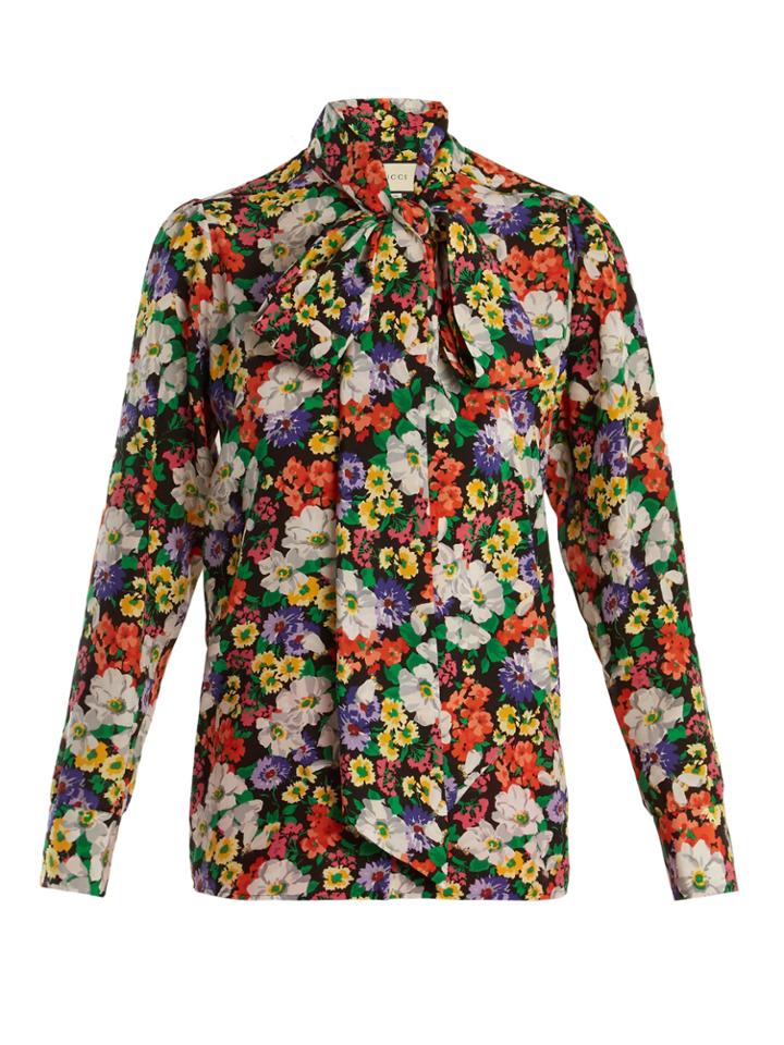 Gucci Tie-neck Floral-print Silk Shirt