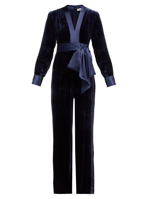Matchesfashion.com Diane Von Furstenberg - Claude Satin Trimmed Velvet Jumpsuit - Womens - Navy