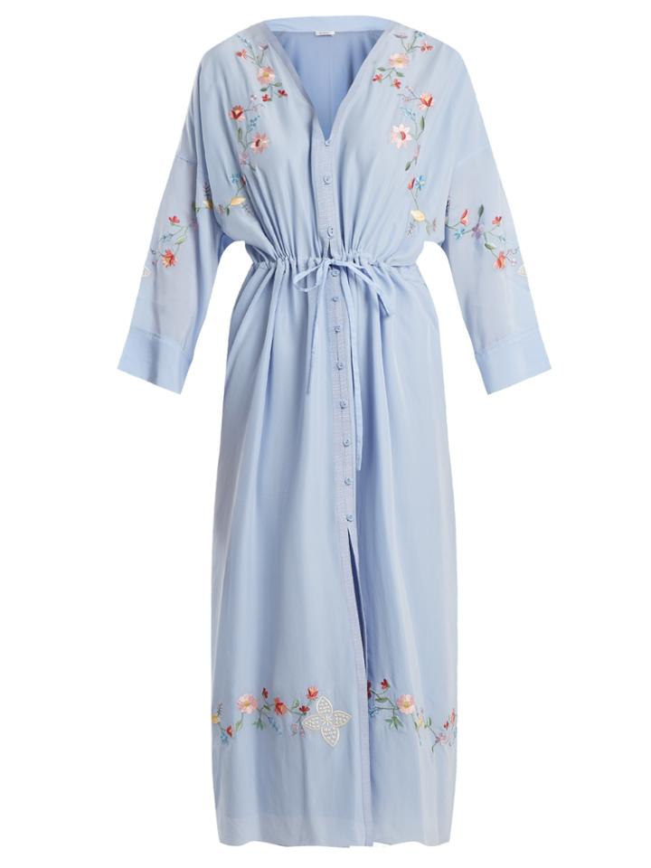 Vilshenko Elishia Embroidered V-neck Mid-length Silk Dress
