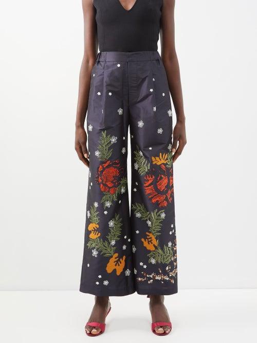 Biyan - Fenora Embroidered Silk-blend Taffeta Culottes - Womens - Navy Multi