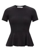 Another Tomorrow - Peplum-hem Ribbed-jersey Top - Womens - Black