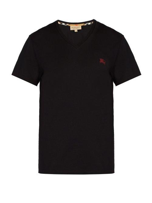 Matchesfashion.com Burberry - Logo Embroidered V Neck Cotton T Shirt - Mens - Black